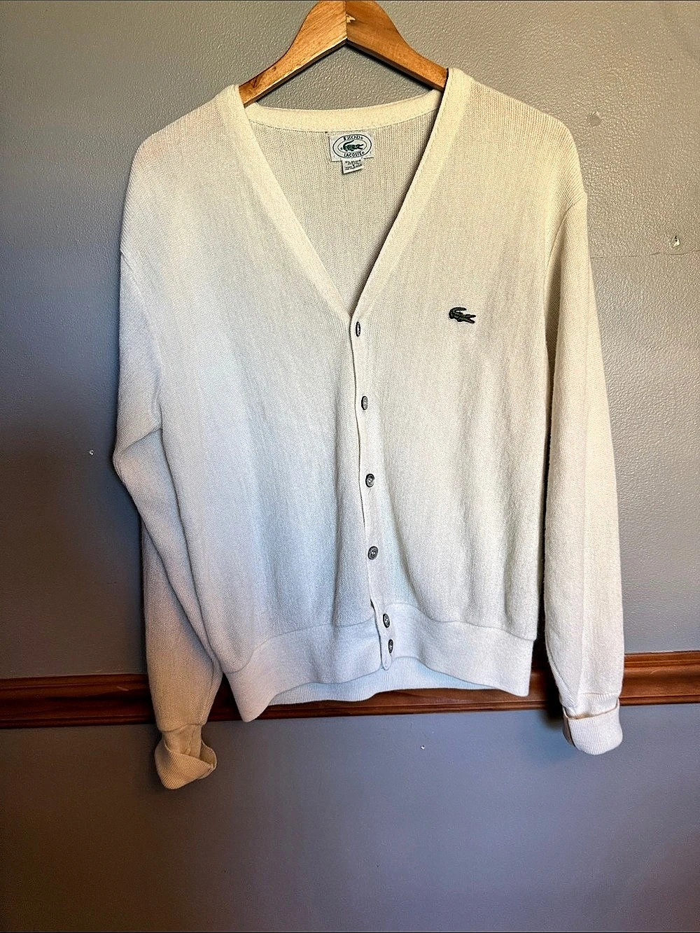 Vintage 70s Izod Lacoste Cream Orlon Cardigan Sweater Small unisex